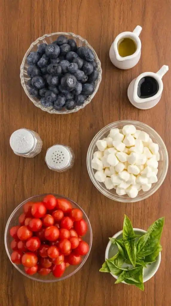 Ingredients for Red, White & Blue Caprese Salad with tomatoes, blueberries, mozzarella, basil, and balsamic glaze