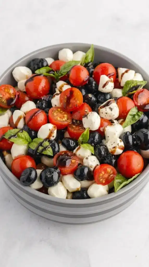 Red, White & Blue Caprese Salad with blueberries, mozzarella pearls, tomatoes, basil, and balsamic glaze