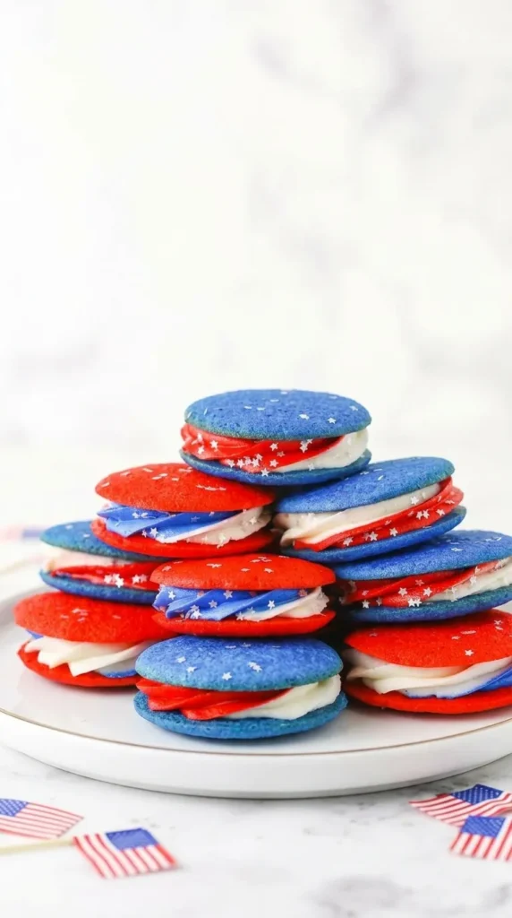 Red, White and Blue Cookie Sandwiches stacked on a patriotic dessert tray