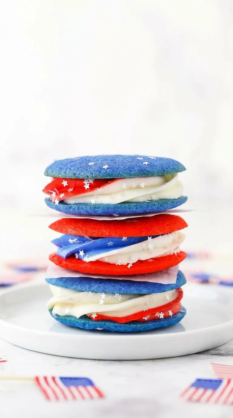 Red white and blue cookie sandwiches with patriotic buttercream frosting and star sprinkles