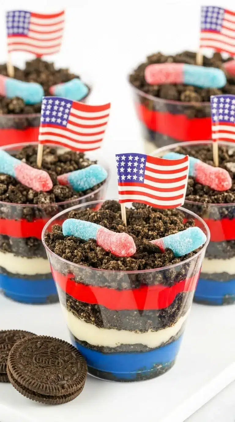 Red White and Blue Dirt Cups with pudding layers, Oreo crumbs, gummy worms, and flag topper