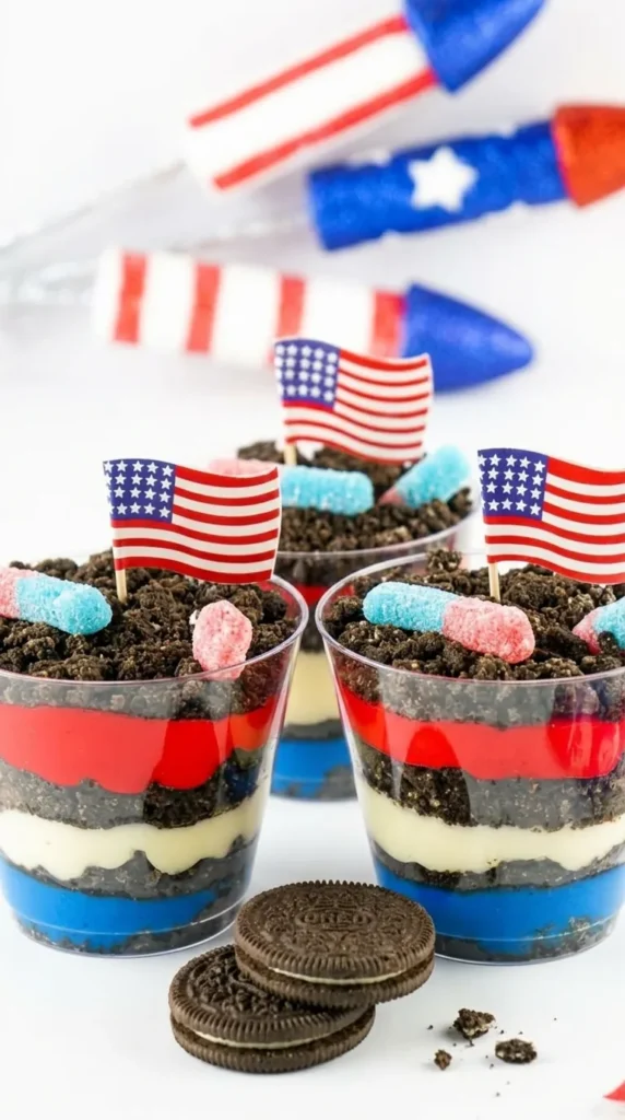 Red White and Blue Dirt Cups with Oreo layers, gummy worms, and flag toppers