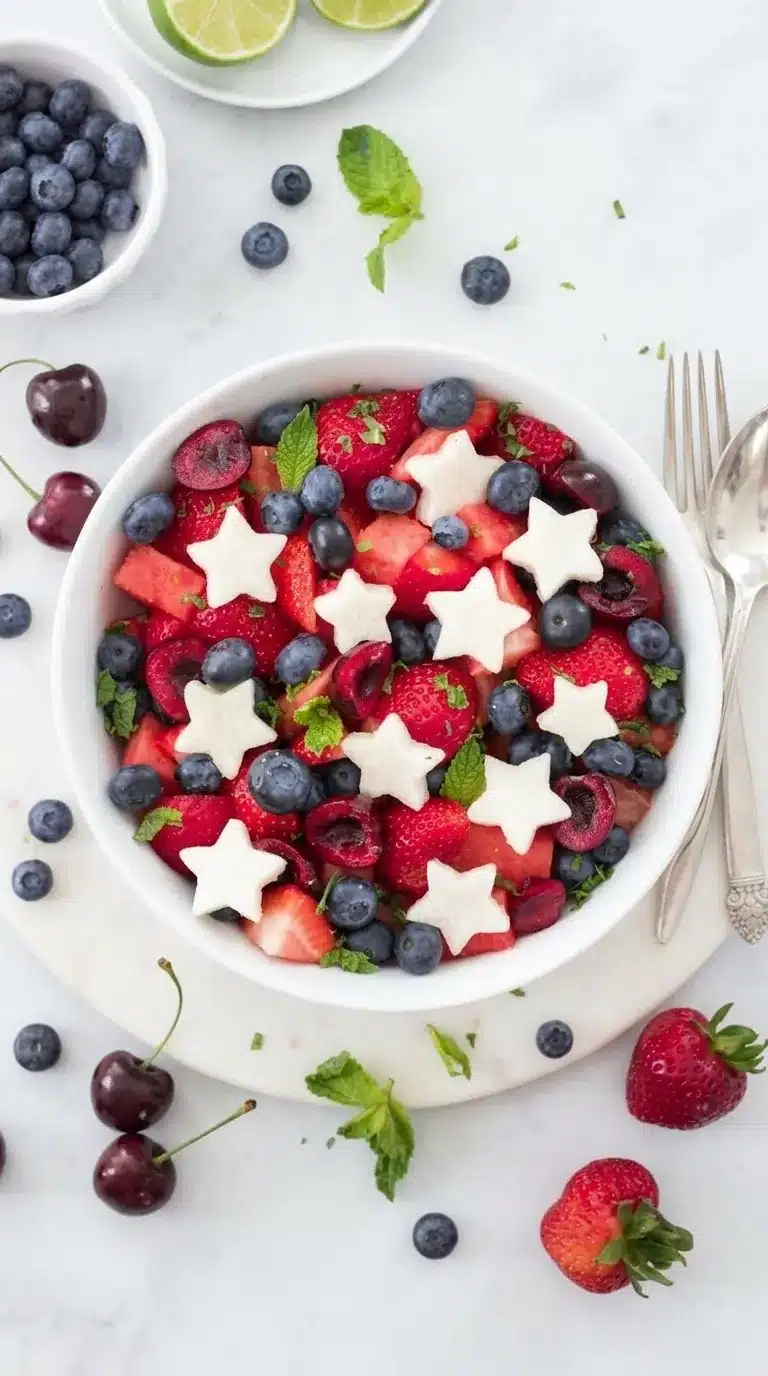Red, White and Blue Fruit Salad with berries, watermelon, and star shaped fruit for July 4th