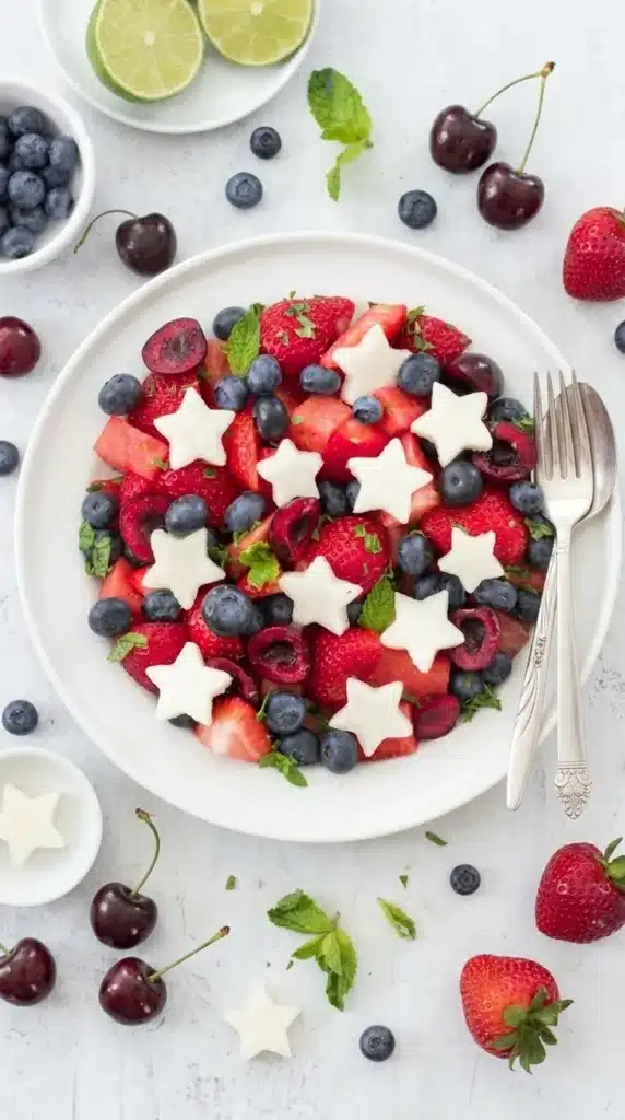 Red, White and Blue Fruit Salad served on a plate with berries and star shaped fruit