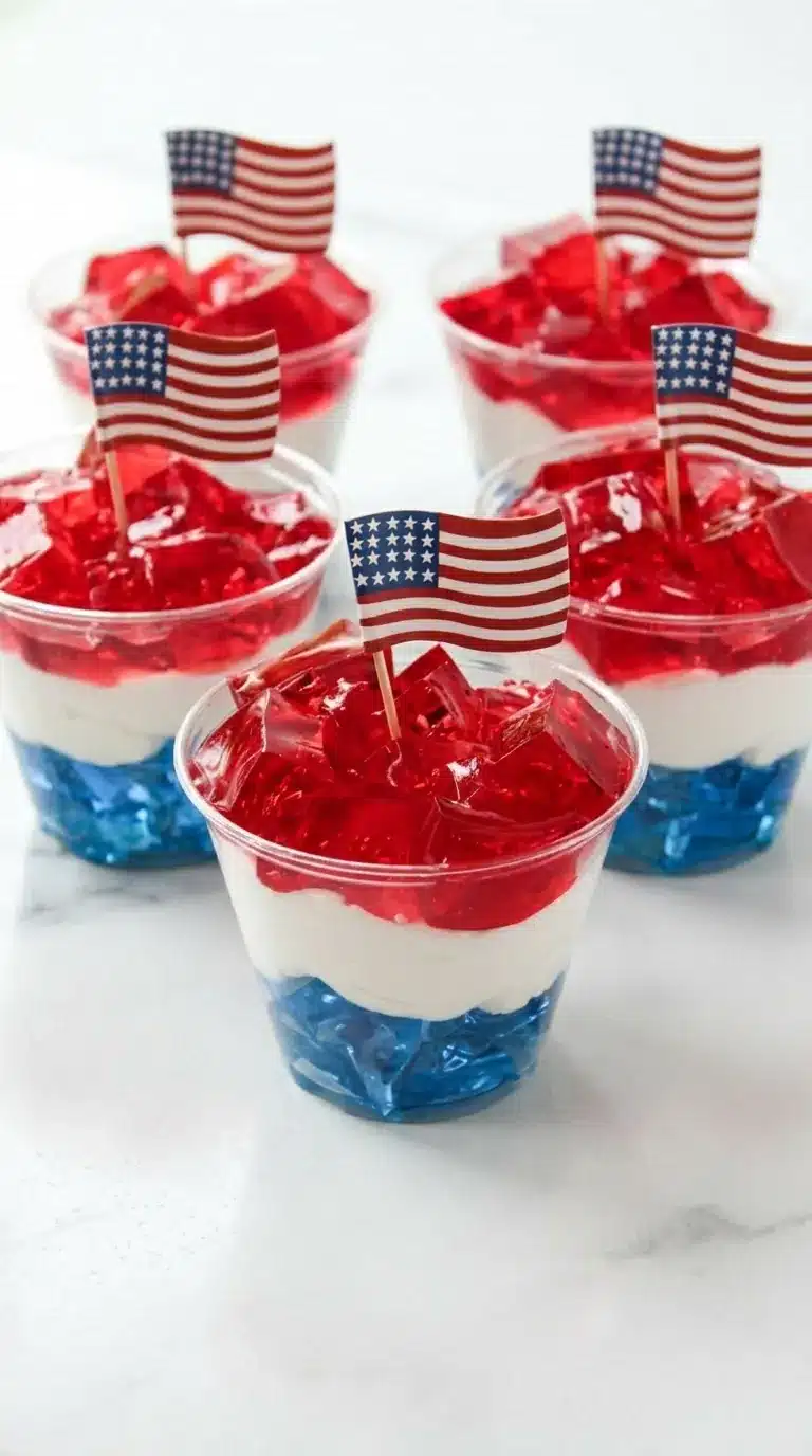 Red White and Blue Jello Cups with whipped cream and patriotic decorations