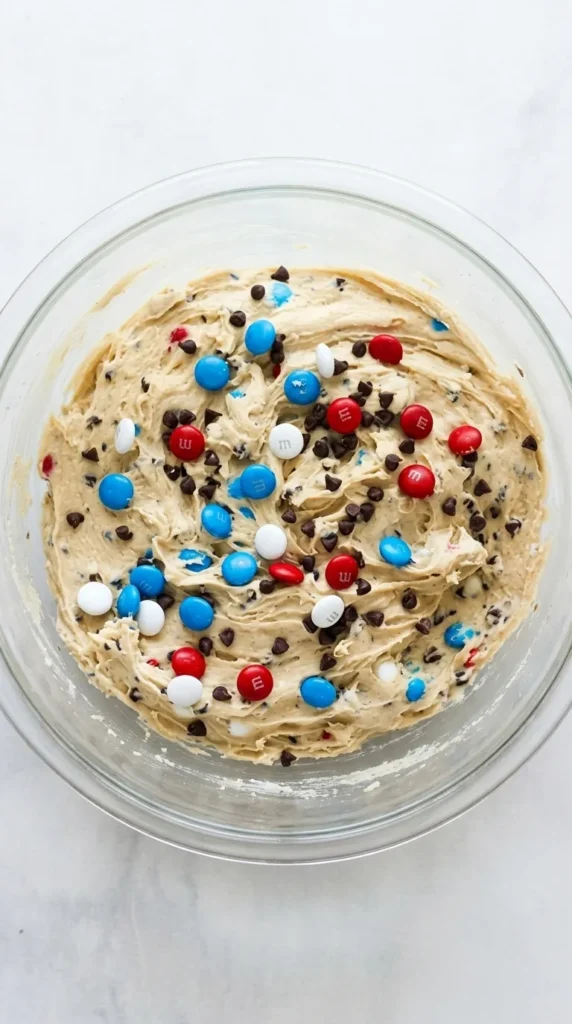 Red, White and Blue M&M’S Cookie Bars dough with chocolate chips in mixing bowl