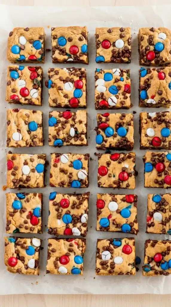 Red, white and blue M&M cookie bars with chocolate chips on parchment paper