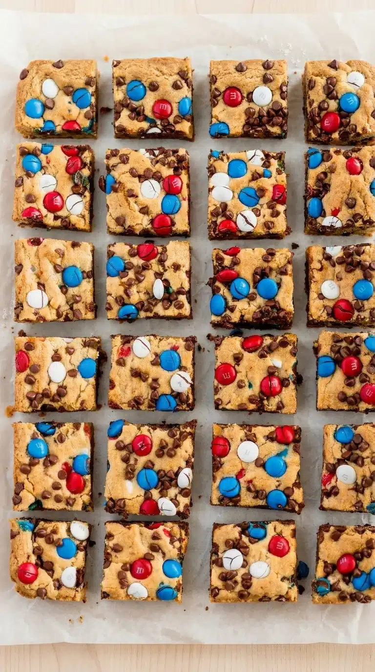 Red, white and blue M&M cookie bars with chocolate chips on parchment paper