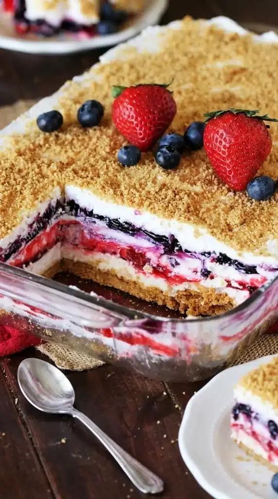 Red White & Blue Mixed Berry Yum Yum layered dessert in glass dish with berries