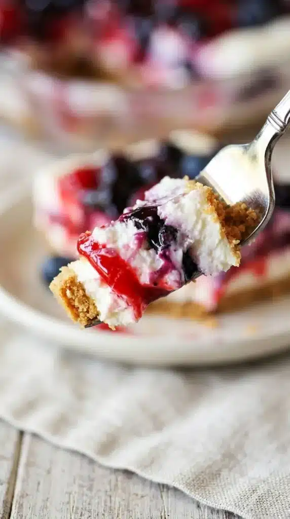 Red White & Blue Mixed Berry Yum Yum creamy layered dessert bite on fork