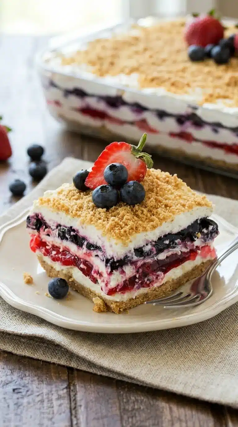 Red White & Blue Mixed Berry Yum Yum dessert slice with creamy layers and graham crust