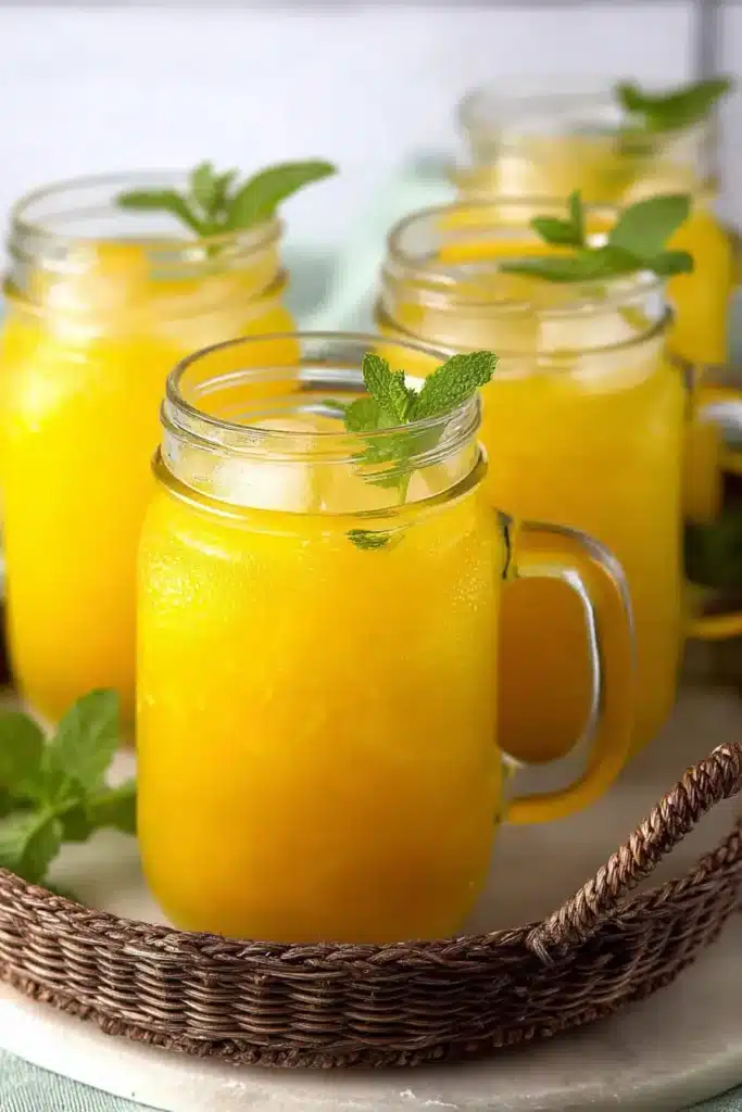 Refreshing Homemade Mango Lemonade served with mint and ice in glass jars