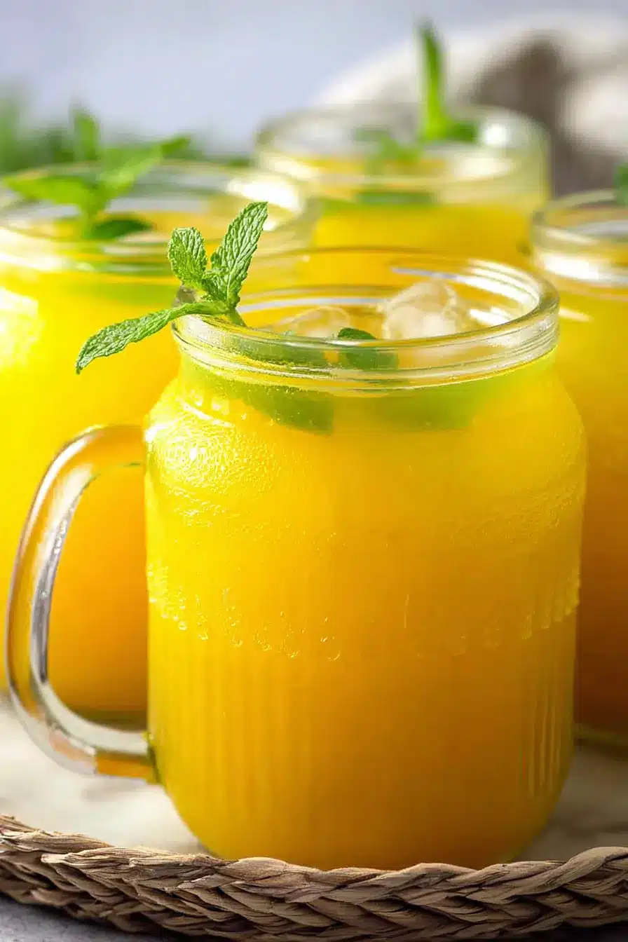 Refreshing homemade mango lemonade with mint leaves and ice in glass jars