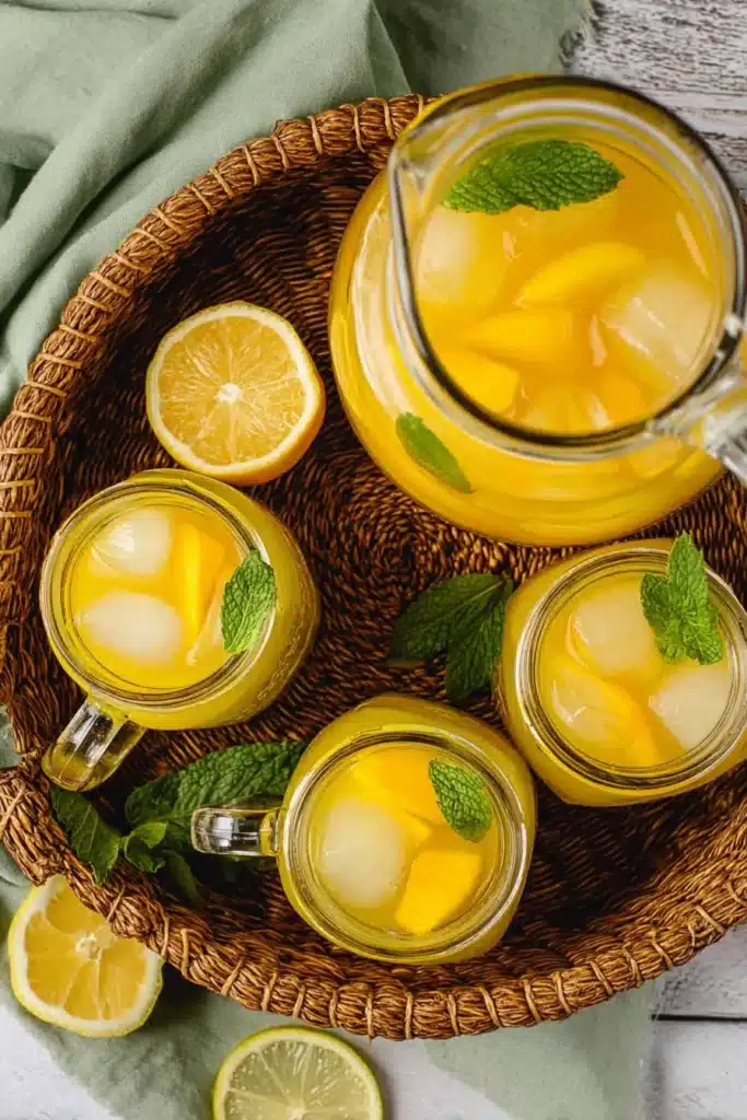 Refreshing Homemade Mango Lemonade served with mint and ice in mason jars