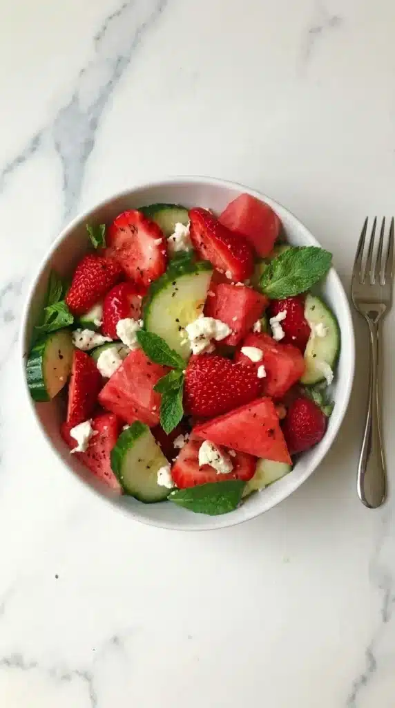 Strawberry, Watermelon and Cucumber Salad That’s Fresh 8 Strawberry, Watermelon and Cucumber Salad with feta cheese and mint beside a fork
