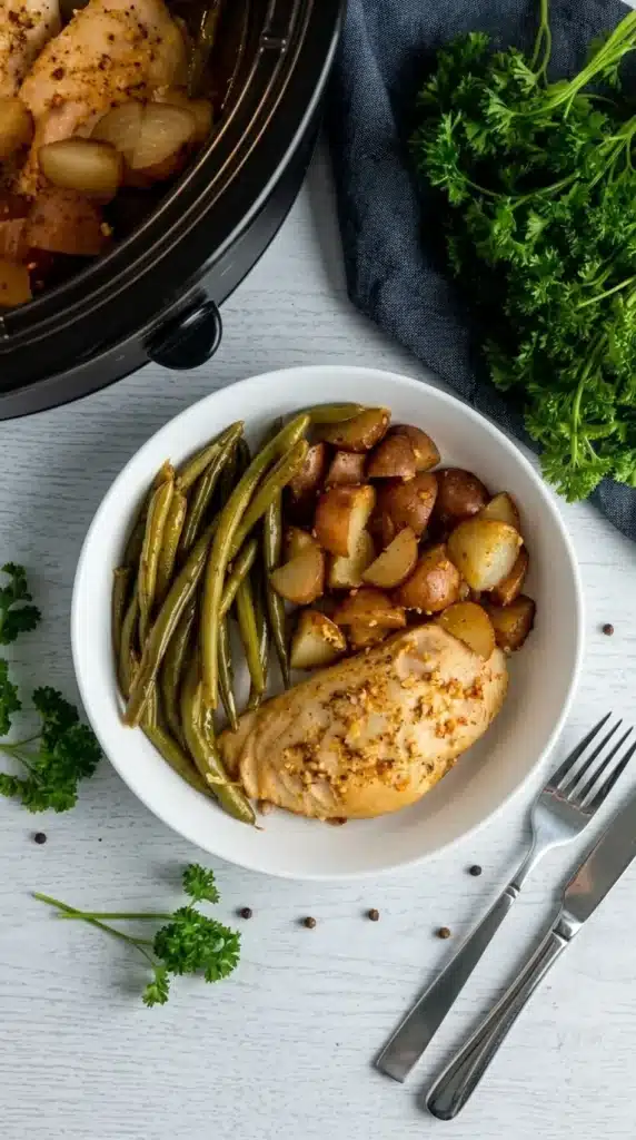 Served Crock Pot Chicken Potatoes and Green Beans in a rustic bowl