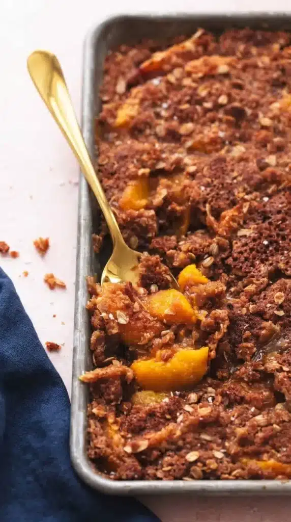 Sheet Pan Peach Crisp baking in a sheet pan with crispy oat topping