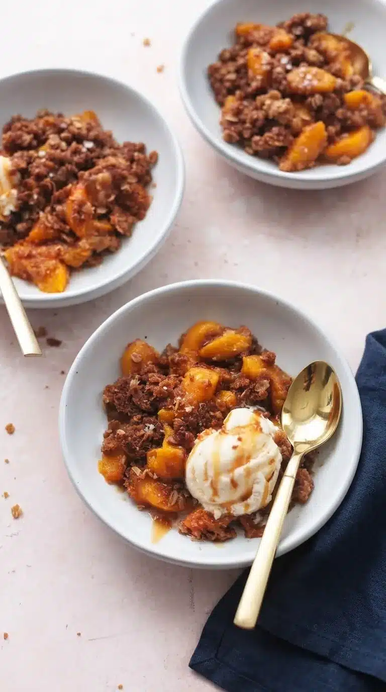 Sheet Pan Peach Crisp with vanilla ice cream and caramel drizzle