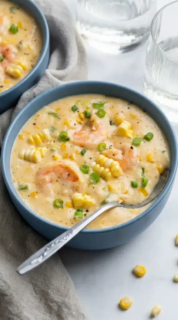 Shrimp and Corn Soup with creamy broth, sweet corn, and tender shrimp in a rustic bowl