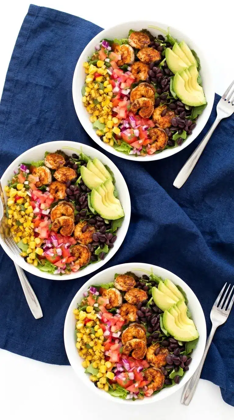 Shrimp avocado salad with blackened shrimp, black beans, corn, and fresh avocado slices