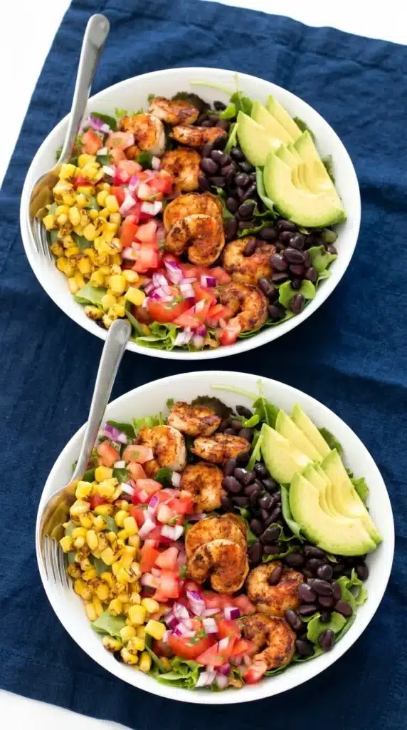 Shrimp Avocado Salad bowls with blackened shrimp, avocado, black beans, and grilled corn