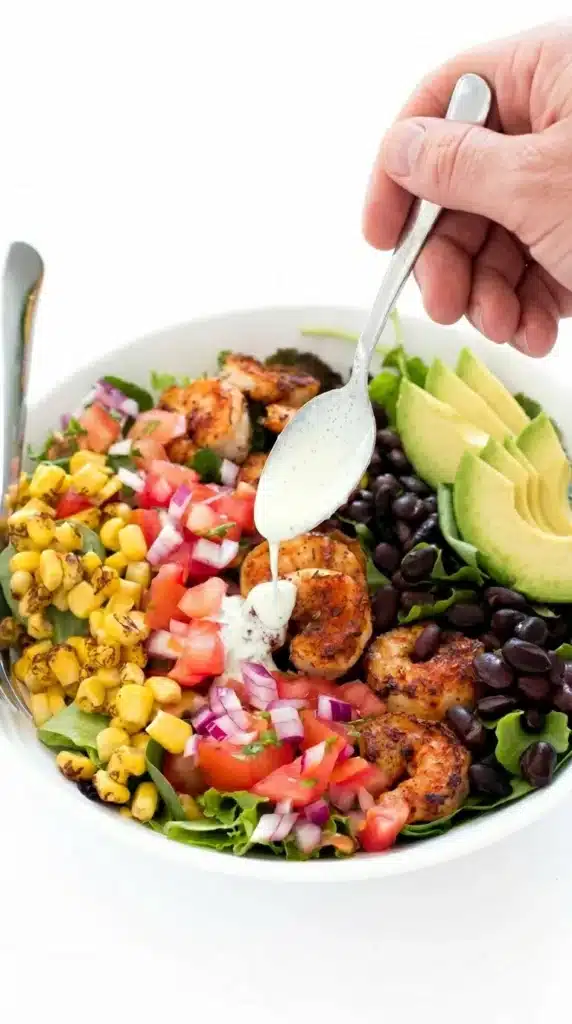Shrimp Avocado Salad with creamy dressing, avocado, black beans, and blackened shrimp