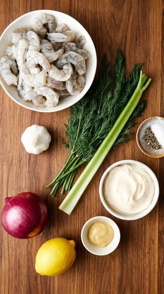 Shrimp Salad ingredients including shrimp, dill, celery, lemon, and mayonnaise
