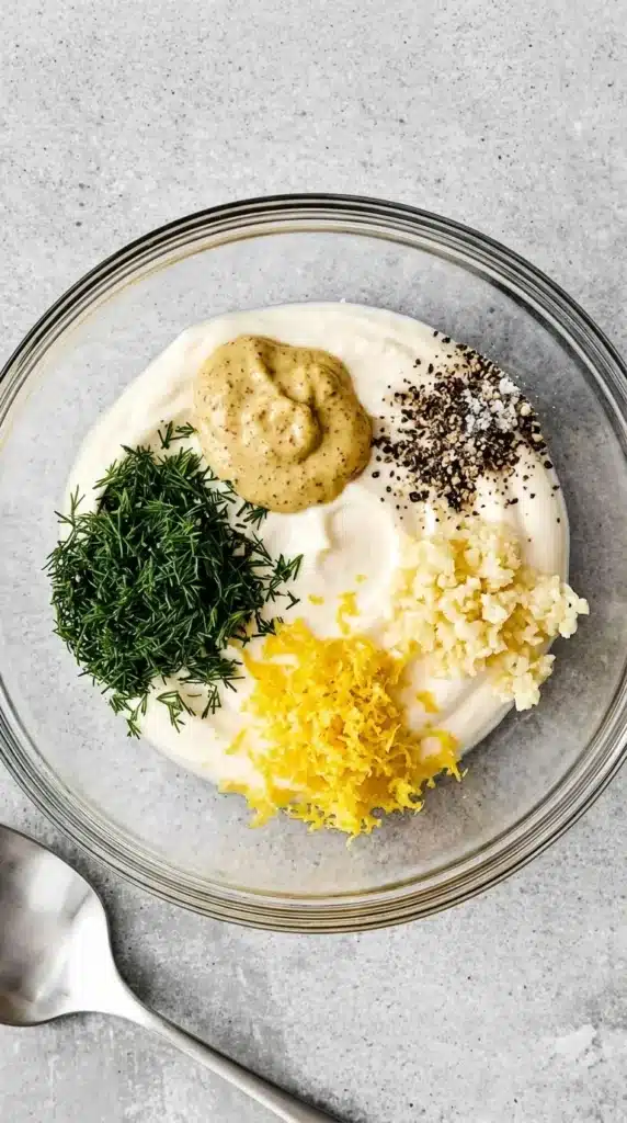 Creamy Shrimp Salad dressing ingredients in a glass mixing bowl