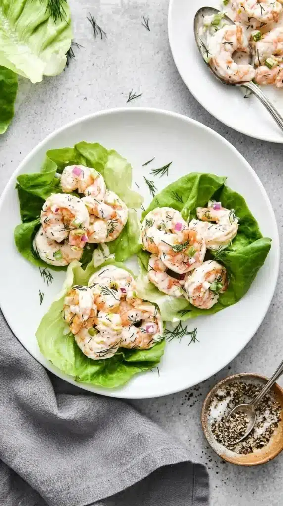 Shrimp Salad served in butter lettuce cups with creamy lemon dill dressing