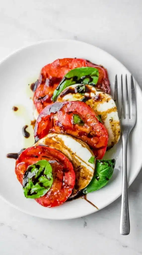 Single serving Caprese Salad with mozzarella, tomatoes, basil, and balsamic glaze