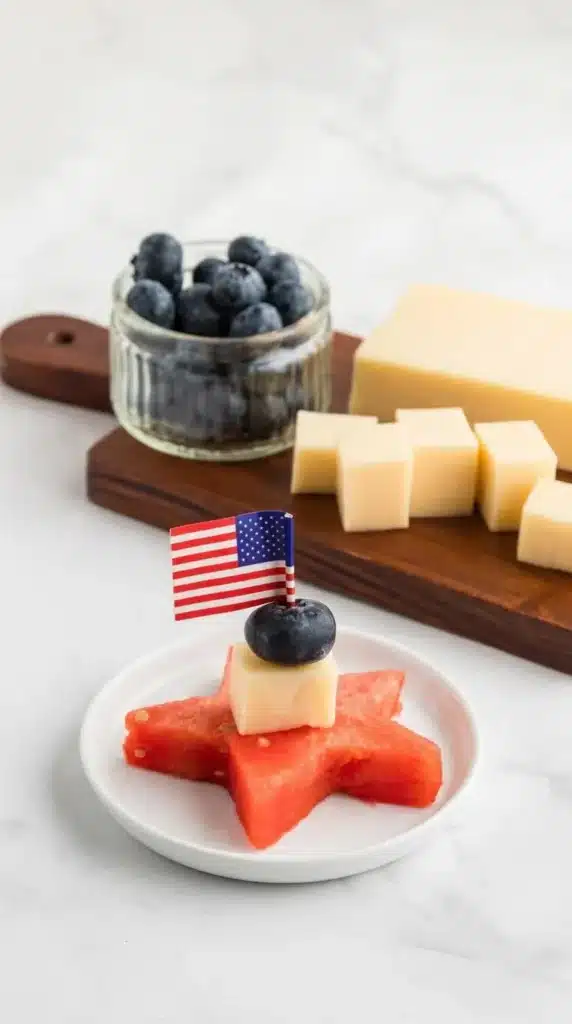 Single Watermelon Stars appetizer with cheese blueberries and patriotic flag