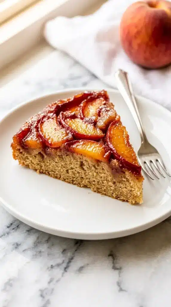 Bourbon Peach Upside Down Cake Recipe That Tastes Amazing 6 Slice of bourbon peach upside down cake with caramelized peach topping