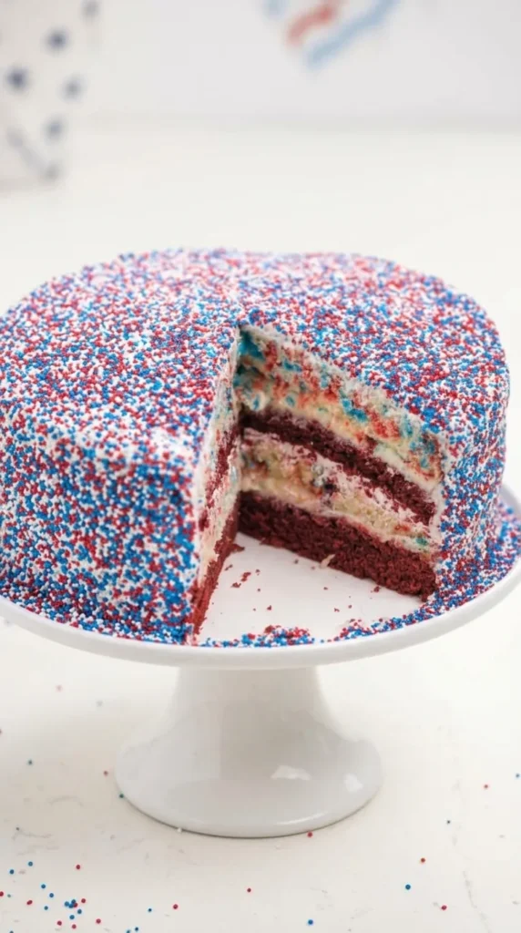 Sliced Fireworks Cake with red velvet and funfetti layers