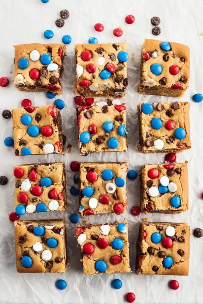 Sliced Red, White and Blue M&M’S Cookie Bars on parchment paper