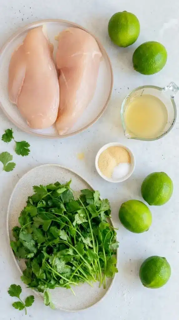 Ingredients for Slow Cooker Cilantro Lime Chicken with chicken breasts, cilantro, limes, and broth