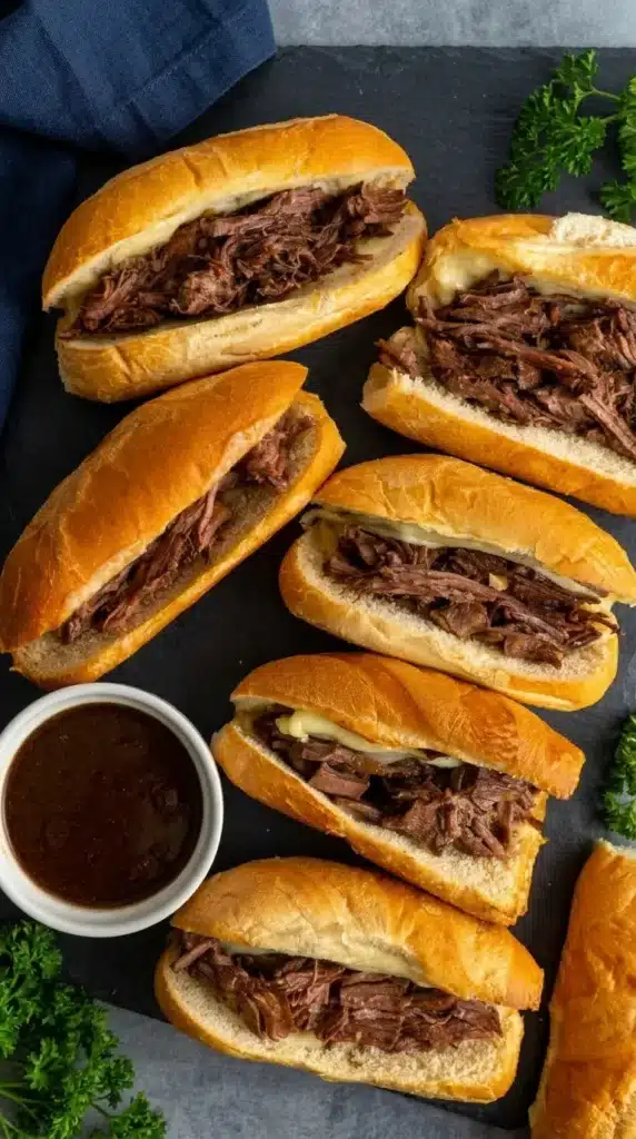 Slow Cooker French Dip sandwiches with shredded beef and au jus