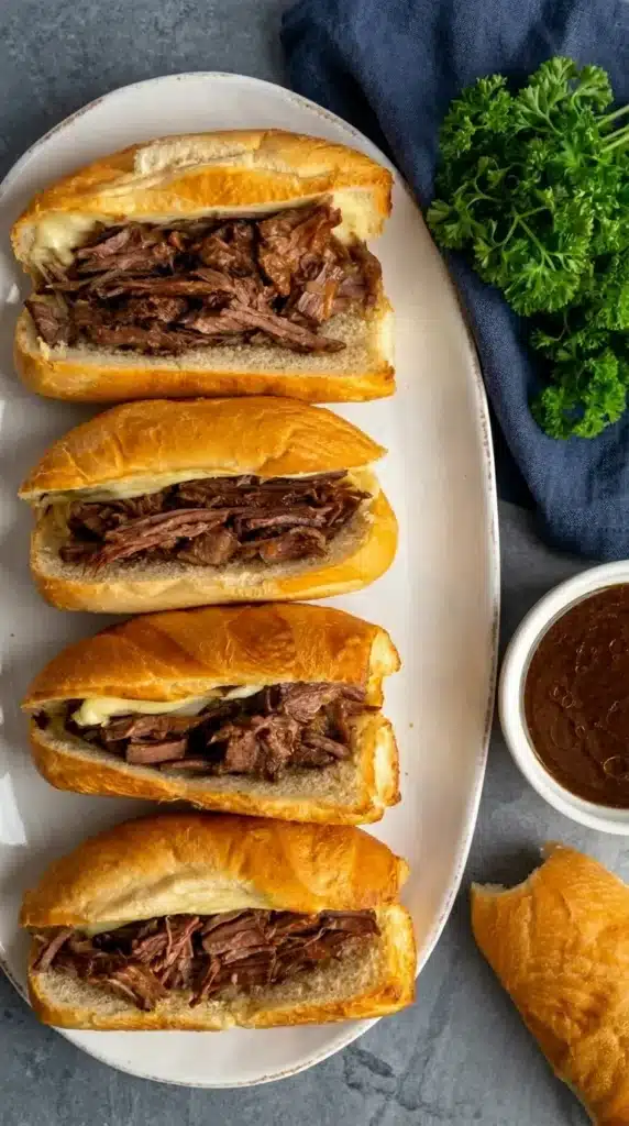 Slow Cooker French Dip sandwiches with melted cheese and au jus