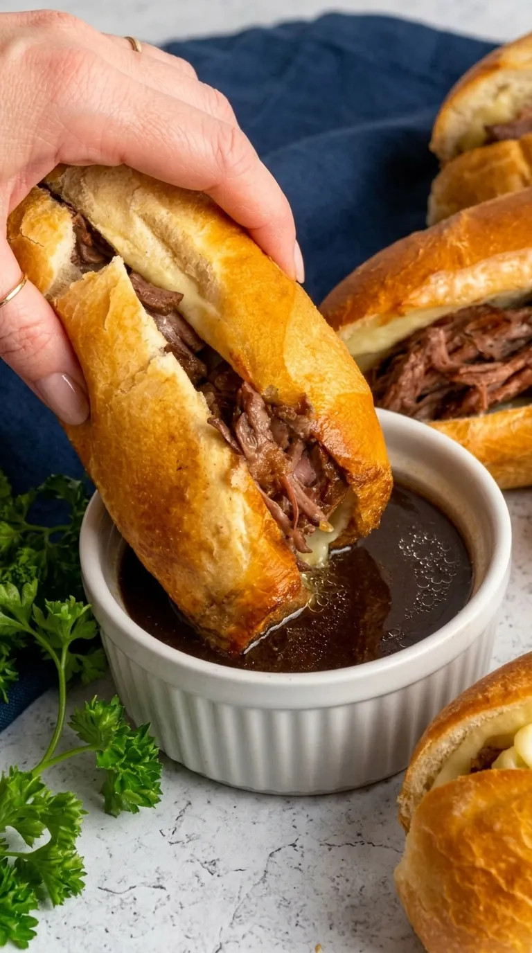 Slow Cooker French Dip sandwich dipped in rich au jus with melted provolone cheese
