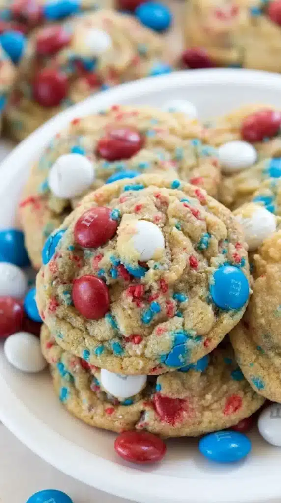 Soft Fireworks Pudding Cookies with patriotic candies and sprinkles