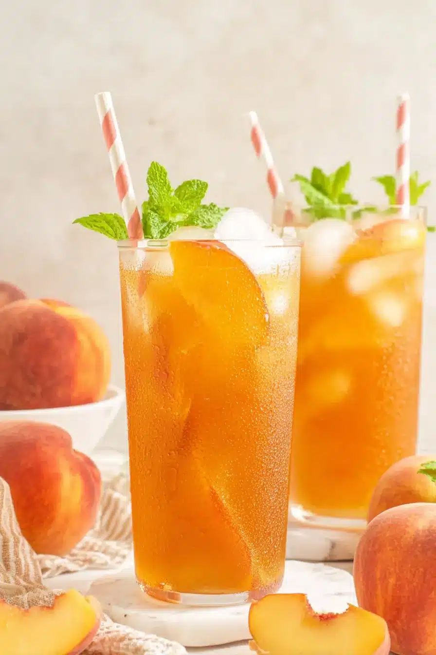 Southern Peach Tea with fresh peaches, mint, and ice in tall summer drink glasses