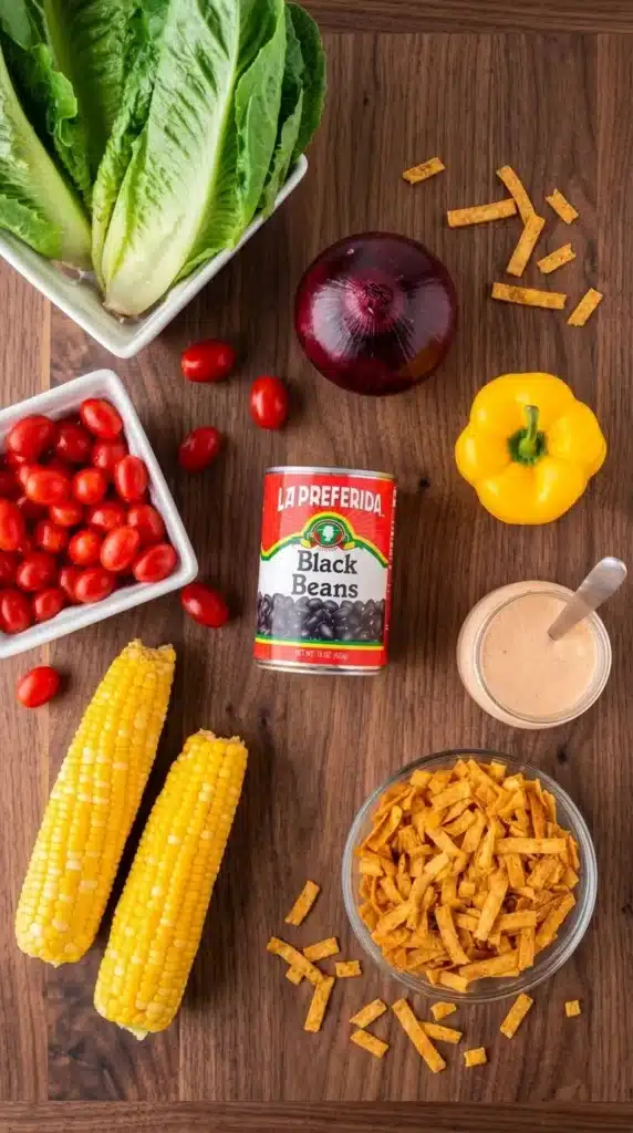 Southwest Salad ingredients with romaine, black beans, corn, and chipotle dressing