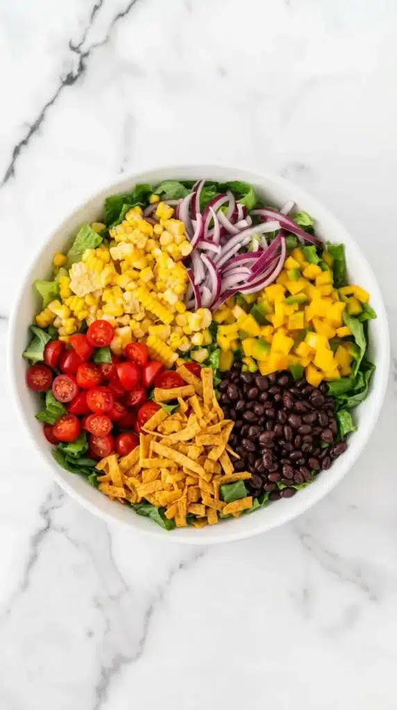 Southwest Salad ingredients with corn, black beans, tomatoes, and tortilla strips
