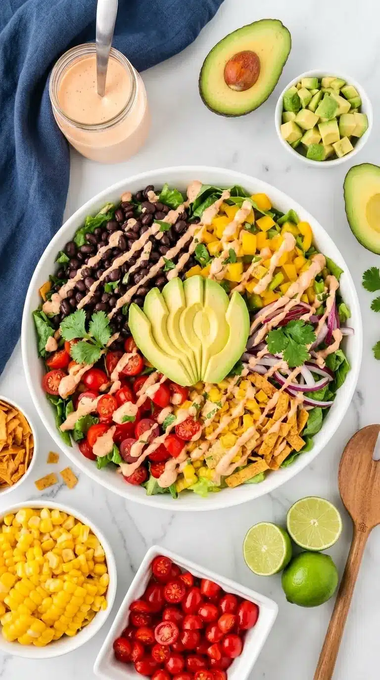 Fresh Southwest Salad with avocado, black beans, corn, and chipotle ranch dressing