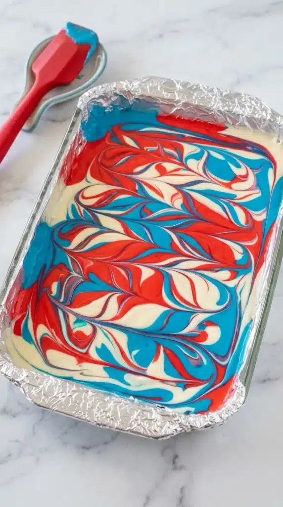 Stacked 4th of July Red White and Blue Cheesecake Bars with Oreo crust