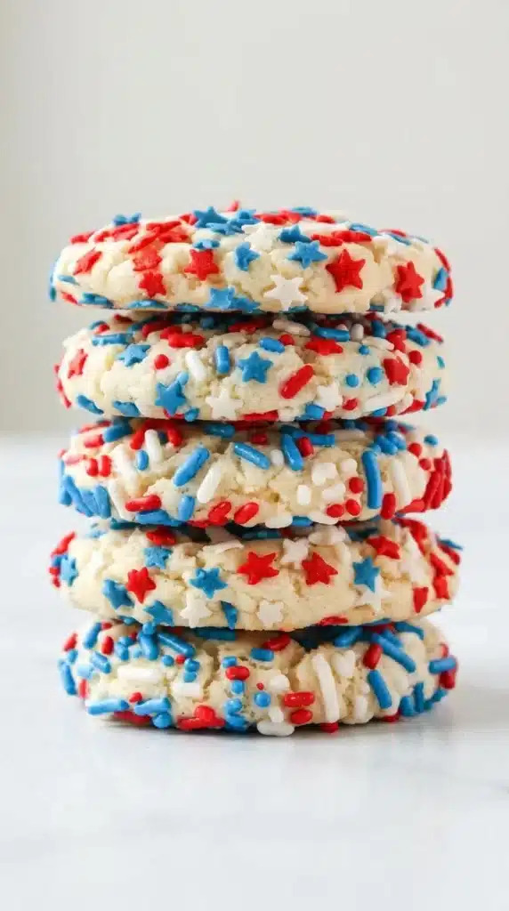 4th of July Sprinkle Cake Mix Cookies That Feel Amazing 8 Stacked 4th of July Sprinkle Cake Mix Cookies with patriotic sprinkles