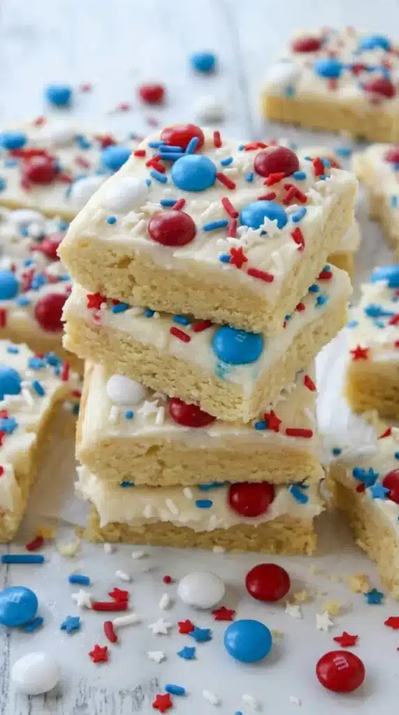 Stacked 4th of July Sugar Cookie Bars with patriotic frosting and sprinkles
