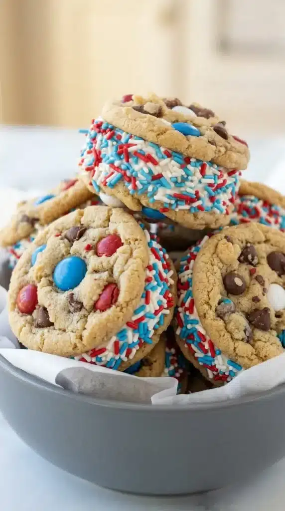 4th of July ice cream cookie sandwiches with patriotic sprinkles and chocolate chip cookies