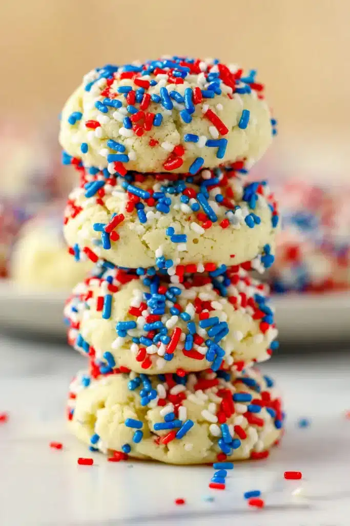 Stacked Patriotic Sprinkle Cookies with red white and blue sprinkles