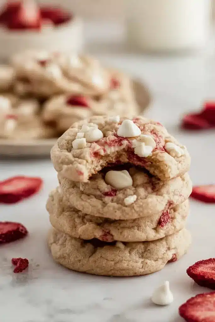 Strawberries and Cream Cookies Easy Amazing Treat 5 Stacked Strawberries and Cream Cookies with white chocolate chips and chewy centers