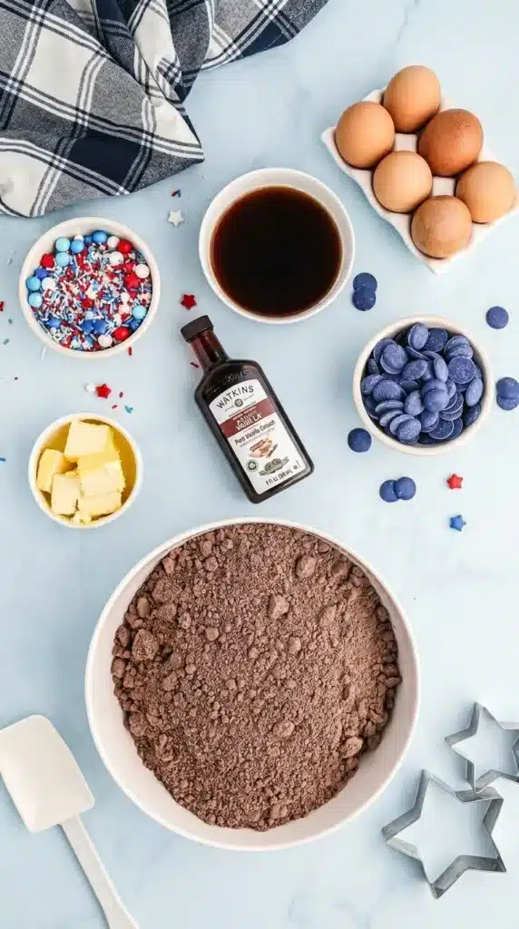 Star-Spangled Brownies ingredients with sprinkles eggs and cocoa